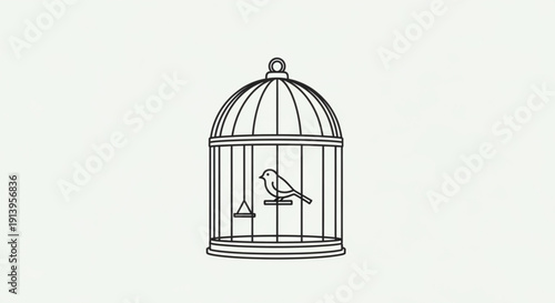 Bird in Cage Illustration, Isolated on White Background, Line Art Style