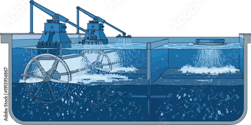 Industrial water treatment process illustration showing machinery, tanks, and water flow in a technical diagram