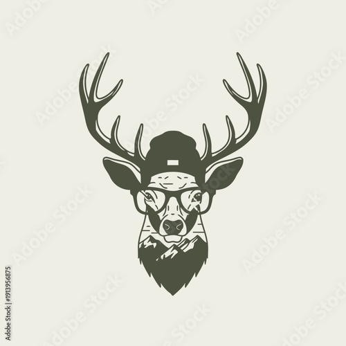 Whimsical Woodland Gent Deer Adorned in Beanie and Eyeglasses, Its Regal Silhouette Artfully Fused with a Serene Mountain Landscape, Embodying a Spirit of Wild Adventure and Urban Coolness