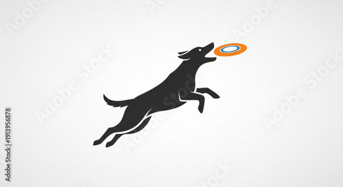 Black Dog Catching Orange Frisbee in Mid Air Isolated on White Background
