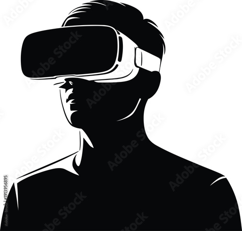 Person wearing VR headset silhouette, man experiencing virtual reality, futuristic technology and gaming vector illustration isolated on white