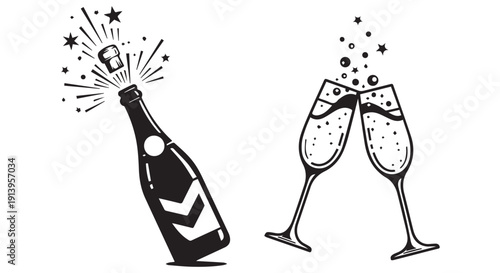 Celebratory champagne bottle and glasses illustration, perfect for festive and luxury concepts, conveying joy and sophistication.