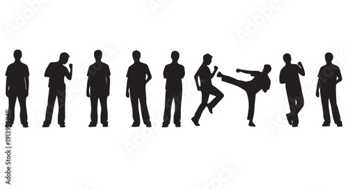 Silhouettes of people in various martial arts poses, kicking and standing, on a Transparent Background, showcasing different techniques and movements.