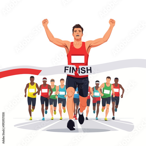 Male marathon runner crosses finish line with arms raised in victory.