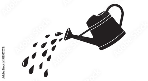Black silhouette of a watering can pouring water droplets, isolated on Transparent Background for gardening and plant care concepts.