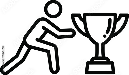Stick figure reaching for a trophy representing achievement and success in sports or business.