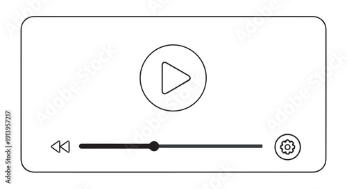 Simple black and white video player interface icon with play button and settings on a clean Transparent Background, ideal for media controls.