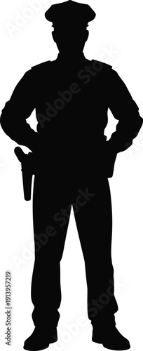 Police officer silhouette, standing law enforcement professional in uniform, security guard isolated on white background