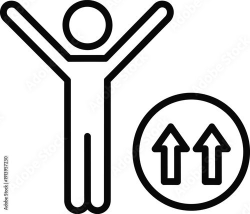 Line art icon representing personal growth and career success with a happy human figure