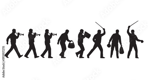 Silhouettes of marching band members in uniform, playing instruments and carrying bags, on a Transparent Background, dynamic poses.