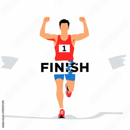 Runner Crossing Finish Line, Celebrates Victory, Number 1 Racer Wins Marathon
