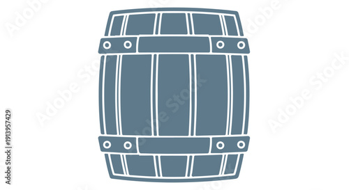 A simple, gray blue wooden barrel icon with metal bands on a Transparent Background, representing storage or aging.