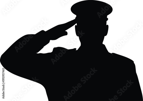 Soldier silhouette saluting in uniform with peaked cap, military officer honoring veterans day isolated on white background, patriotic hero vector. (21 words)