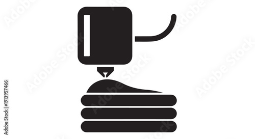 Black 3D printer creating object, industrial robotic arm extruding layers, additive manufacturing process