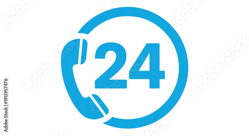 Blue 24 hour customer support icon with phone receiver symbolizing round the clock assistance and service availability.