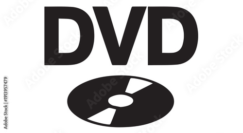 Simple black and white illustration of a DVD disc with the letters DVD prominently displayed above it, symbolizing digital media and entertainment.