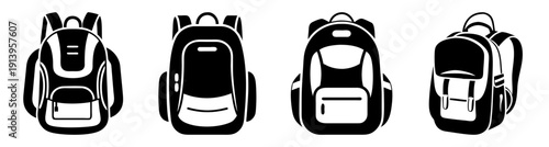 Set of four modern black and white backpacks isolated on white background for school travel or business