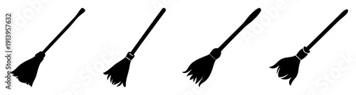Set of five black broom brushes isolated on white background for cleaning and household chores vector illustration