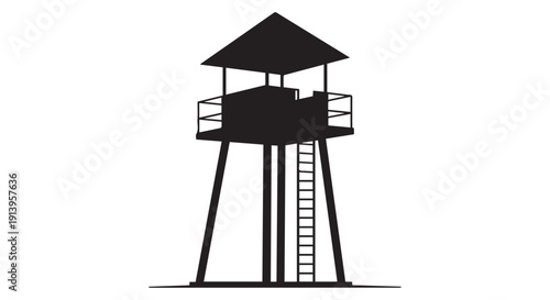 Simple black silhouette of a tall, elevated observation tower with a pointed roof and ladder on a Transparent Background.