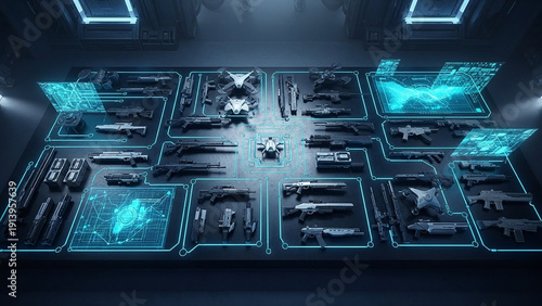 Futuristic armory display featuring black equipments and blue holographic interfaces on a dark surface, showcasing an array of advanced equipmentry and technology