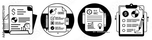 Hand drawn business plan icons set with documents, charts, clock, target, and lightbulb for strategy and success