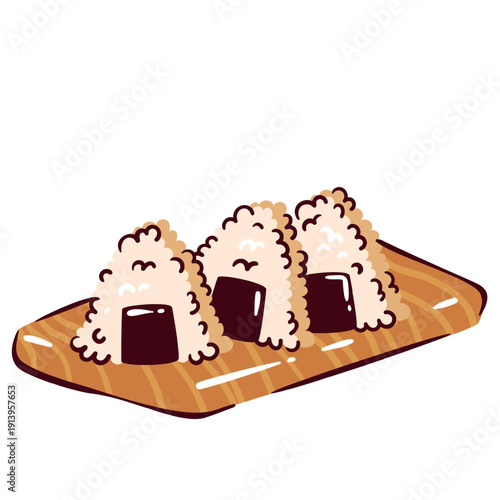 Japanese onigiri rice balls snack. Traditional triangular rice with seaweed filling, wooden board serving, classic street food element, hand drawn style. Japan food icon, cartoon vector illustration.