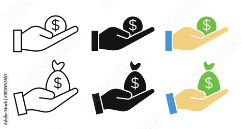 Save money icon set featuring salary money, invest finance, and hand holding dollar symbols. Line illustrations on a white background