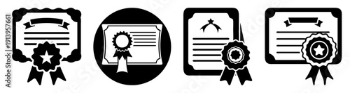 Flat design award icons set with certificate ribbon trophy medal and camera for achievement recognition and success