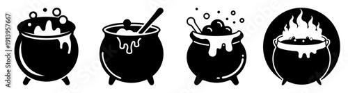 Black witch cauldron set boiling bubbling steam magic potion cooking vector illustration minimalist Halloween kitchen