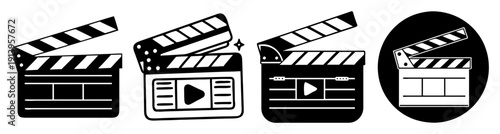 Black and white film clapperboard set with movie production icons isolated on white background