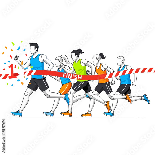 Runners Crossing Finish Line with Confetti and "1" Symbol