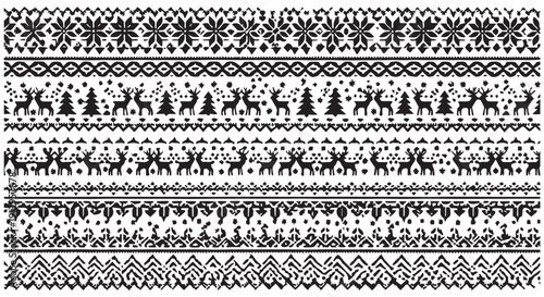 Black and white Christmas pattern with reindeer, snowflakes, and trees on a Transparent Background, festive holiday design element.