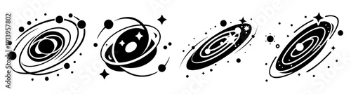 Black and white spiral galaxy icons set isolated on white background cosmic design elements for astronomy science education
