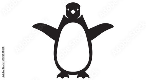 Simple black silhouette of a penguin standing upright with outstretched wings on a Transparent Background, perfect for graphic design.