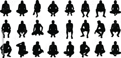 Squatting people silhouettes collection, men and women sitting poses set, black human figures, body position reference, isolated vector illustration on white background