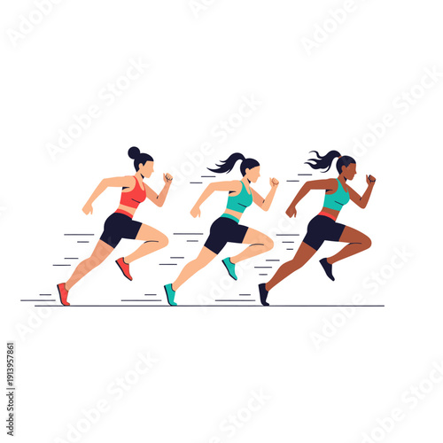 Three women runners competing in a race, dynamic action illustration