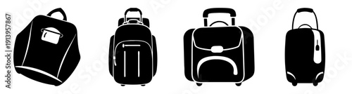Set of four black travel suitcases luggage bags isolated on white background for business trip vacation travel packing