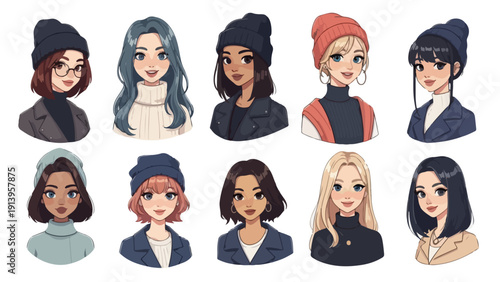 Assortment of Trendy Young Women's Portraits Featuring Cozy Winter Fashion and Colorful Beanies