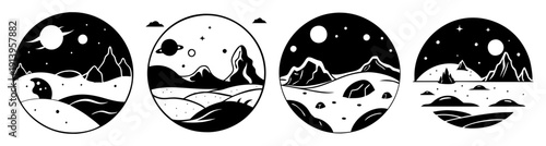 Black and white minimalist Mars landscape illustration with craters and alien terrain vector art