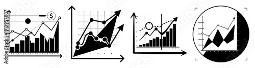 Business growth success financial chart analysis with upward trend arrows and stock market data visualization
