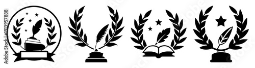 Black and white laurel wreath award badges set with stars for literary achievement and success vector illustration