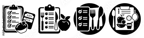 Flat lay meal planning icons set with diet food utensils and healthy eating schedule vector illustration