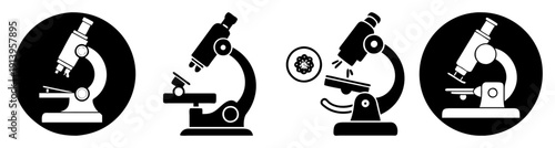 Cartoon microscope icons set isolated on black circle background for science education and lab research vector illustration