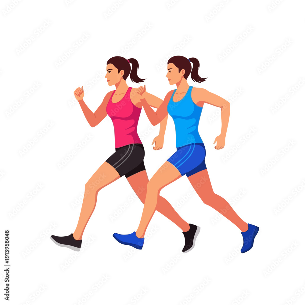 Fototapeta premium Two women running side-by-side, fitness and competition concept