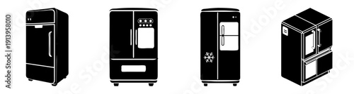 Modern black stainless steel refrigerators set isolated on white background for kitchen design and appliance showcase