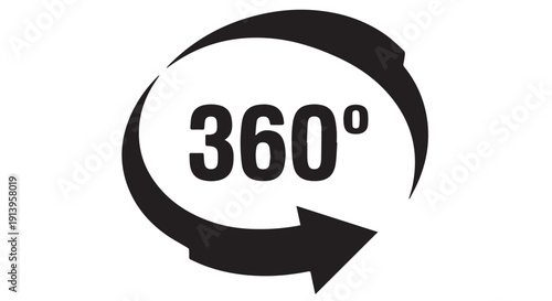 Black 360 degree rotation symbol with arrow icon on Transparent Background, indicating full circle or panoramic view.