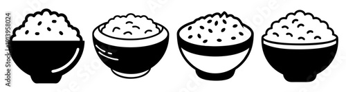 Four white rice bowls filled with grains minimalist black and white illustration isolated on plain background