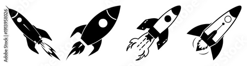 Futuristic space rockets launching in formation against dark background vector illustration