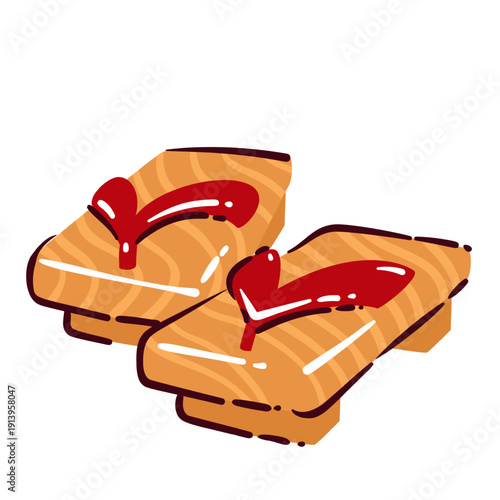 Japanese geta wooden sandals traditional footwear. Classic wooden shoes with red fabric straps, cultural clothing element, historic Japan fashion item. Japan travel icon, cartoon vector illustration.