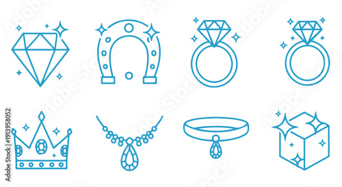Collection of luxury jewelry and symbol icons including diamond, ring, crown, necklace, horseshoe, and gemstone on Transparent Background.